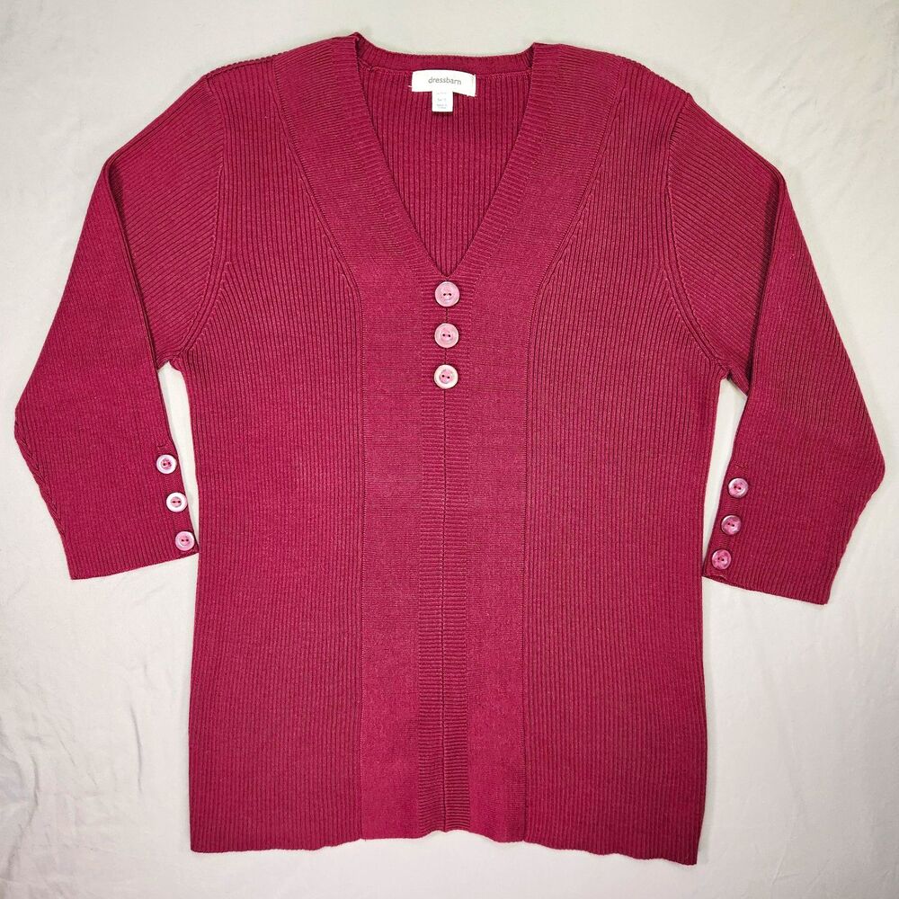 Dressbarn Ribbed V-Neck Pullover Sweater Red XL Button Accent
